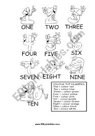 Each page includes the numeric number, the number spelled out, and the corresponding number of animals. Colour The Numbers 1 10 Esl Worksheet By Victor
