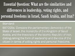 Essential Question What Are The Similarities And Differences In Leadership Voting Rights And Personal Freedoms In Israel Saudi Arabia And Iran Standard Ppt Download