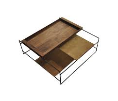 sidetable with a serving tray of nut wood and two leather covered trays all trays can be moved along their axi table basse bois table basse design table basse