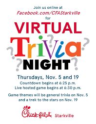 Built by trivia lovers for trivia lovers, this free online trivia game will test your ability to separate fact from fiction. Chick Fil A Starkville Tomorrow Night 24 Hours From Now Join Us For A General Trivia Game In Our Virtual Trivia Night Online At Facebook Com Cfastarkville Beginning At 6 30 P M We Ve Got Free Food