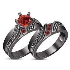 14k Black Gold Fn His Hers Red Garnet Engagement Bridal Ring Wedding Trio Set Wedding Rings Wedding Ring Sets Wedding Ring Bands