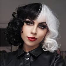 Cruella Deville Wig Costume Women Black and White Wig Short Curly Wavy WIG