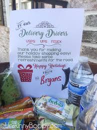 Put A Bucket Of Snacks On Your Porch For Ups Fedex And Usps During The Holidays Free Printable Sign Christmas Packaging Thank You Baskets Christmas Delivery