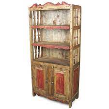 The pieces are finished with an antique brown furniture. Mexican Rustic Pine Kitchen Hutch With Red Accents