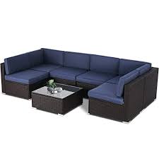 Patio furniture/outdoor sofas, chairs & sectionals/patio sets/outdoor wicker chairs. Buy Suncrown Outdoor Patio Furniture 7 Piece Sofa Set Black Brown Wicker Washable Seat Cushions With Ykk Zippers And Modern Glass Coffee Table Dark Blue Cushion Online In Indonesia B08hd23byt