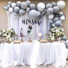 Gray And White 1st Birthday Party Planning And Decorations Hanapartycom Venue Silver Party Decorations Birthday Party Decorations Birthday Party Planning