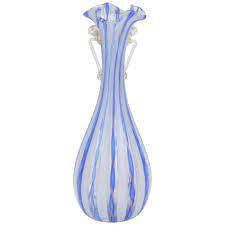 The cruet has decorative bands above and below the flowers. For Sale On 1stdibs Murano Art Blown Glass Vase White Stripe Decoration Italy 20th Century Antique Vase Blown Glass Art Glass Vase
