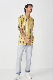 Black And Yellow Striped Shirt Mens Mens Cotton On Stripe Revere Shirt Yellow Outfits With Striped Shirts Men Shirt Style Yellow Shirt Men