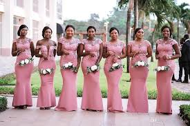2019 South African Nigeria Pink Mermaid Bridesmaids Dresses Plus Size Sheer Neck Lace Appliques Floor Length Wedding Guest Dress Bm0614