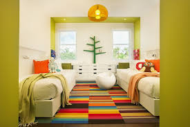 Area rugs lay a great foundation to a room's decor and also provide a warm and soft surface underfoot and protect hardwood floors. Ikea Kids Rugs With Contemporary Kids And Built In Desk Colorful Rug Green Walls Orange Pendant Light Shared Bedroom Striped Area Rug Tree Bookshelf Twin Beds White Stool Finefurnished Com