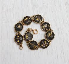 Black And Gold Jewelry From Spain Vintage Damascene Asian Panel Bracelet Mid Century Gold Silver Inlay On Black Tile Japanese Jewelry Linked Bracelet