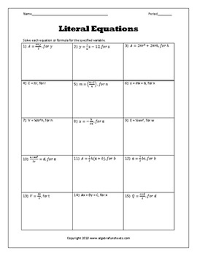 Solve each equation for the stated variable. Solving Literal Equations Worksheet Answers Worksheet List