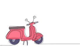 monopattino da disegno a linea continua. trasporto retrò. icona della vespa nera. scooter moderni moto per cittadino urbano. elegante scooter vintage per le vacanze di viaggio. vettore di disegno grafico a una