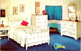 A neutral feminine bedroom with a white upholstered bed, white nightstands, a blush couch and a purple pillow and blush curtains. Ethan Allen Feminine Decorated Bedroom Furniture Advertising Chrome Postcard Ebay