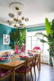 Los Angeles House Tour A Colorful Patterned Rental Apartment Therapy Colorful Dining Room Decor Pink Dining Rooms Tropical Dining Room