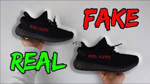 Mostly, the fake yeezys have their stitching looking too long and thin the toe box of the fake yeezys is usually too arched and curvy look at the shape of the shoe and make sure the tongue isn't too short and with a wide opening analyze the insole of your yeezys. Real Vs Fake Adidas Yeezy 350 V2 Bred Comparison Youtube