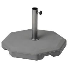 At ikea you'll find garden umbrella bases made from heavy concrete or bases that can be filled with sand to achieve an appropriate weight. Huvon Parasol Base Grey 56x56 Cm Ikea