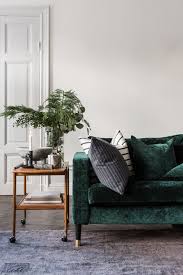 Luxe Green Velvet Sofa Retro Bar Cart Sideboard Fir Tree And Eucalyptus Bouquet Ikea Karlstad Sofa With A Bemz Cove Retro Sofa Interior Green Velvet Sofa