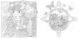 Umbrella coloring pages are a good way for younger kids to learn about our environment and the weather. Coloring Pages Bunny Girl In Spring Flower Garden With Lace Umbrella Froral Basket Line Art Design For Adult Colouring Book With Doodle And Elements Vector Illustration Royalty Free Cliparts Vectors And Stock