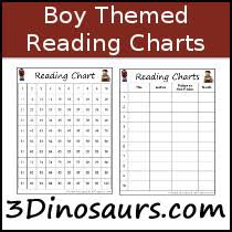 3 Dinosaurs Boy Themed Reading Charts