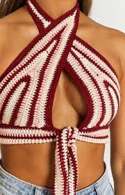 The loose peasant top or smock top with embroidery, crochet trim, inset lace and neck ties became trendy in the late 1970s. Whitsundays Crop Top Wine Beginning Boutique Us In 2021 Crochet Fashion Knitted Top Outfit Crochet Top Outfit