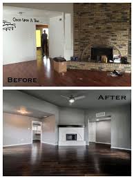 Modern Living Room White Brick Fireplace Floating Mantel Dark Wood Floors Gray Walls Whi White Brick Fireplace Interior Design Trends Living Room Interior
