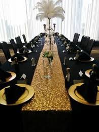 Black And Gold Charger Plates Black Table Linens Gold Charger Plates Black Napkins Pyramid Fold Gold Sequin Runner S Gatsby Birthday Party Black Gold Party Black And Gold Centerpieces