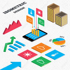 Isometric Design Graph And Pie Chart Weather Icons Cloud And