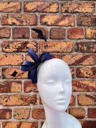 New navy blue loop bow fascinator slide in comb with diamanté studs and  feathers