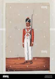 Inglés: Sepoy, Madrás, ejército, Gouache sobre mica por una compañía  artista, Trichinopoly, 1835.El Ejército de Madras sepoy lleva un uniforme  muy similar al usado por un soldado de infantería británico de