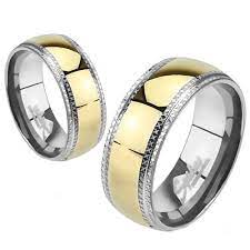 Kaylor Stainless Steel Etched Edges And Ip Gold Center Wedding Band Stainless Steel Wedding Bands Mens Stainless Steel Rings Rings For Men