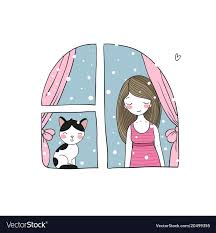 girl and cat at the window vector illustration spring day lovely birdies download a free preview or high quality adobe il window vector vector illustration