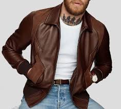 Celebrity Style Pure Brown Leather Bomber Jacket For Men Bomber Jacket Fashion Mens Fashion Jeans Brown Leather Bomber Jacket