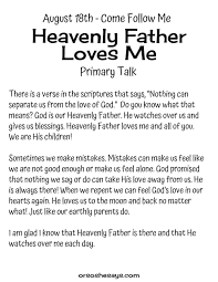 Primary Talk Come Follow Me August Topics Primary Talks Fathers Love Lds Primary Talks