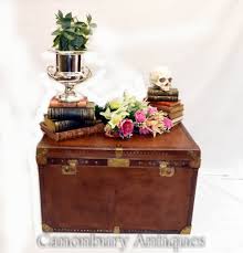 Vintage wood steamer trunk chest coffee table storage box luggage antique decor. Vintage Leather Luggage Case Steamer Trunk Coffee Table Box