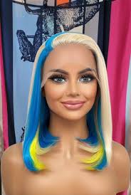 Wowfactor yellow blue freepart bob lace front wig human blended natural  looking