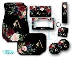 Burgundy Navy Floral Car Accessories Personalized License Etsy In 2021 Car Accessories Personalized License Plates Monogram Car Mat