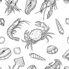 Dessine A La Main Saumon De Fruits De Mer En Bonne Sante Marine Steak De Thon Crabe Moules Huitres Crevette Crevette Calmar Homard Omar Poulpe Produit Biologique De Croquis De Palourde Clip