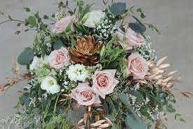 Gold And White With Greenery Bridal Bouquet Quicksand Roses White Lisianthus Gold Tinted Succulent Gold Tinted It Wax Flowers Bridal Bouquet Bride Bouquets