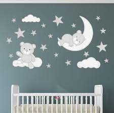 Teddy Bear Decal Nursery Wall Stickers Stars Clouds And Moon Fabric Pattern Monochrome Grey White Gender Neutral Baby Room Toddler Gift Baby Wall Stickers Nursery Wall Stickers Baby Boy Room Decor