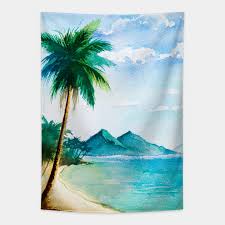 Trendy tropics hawaii hawaiian travel, cool aloha nature summer vacation, beautiful unique scenic hawaii scenery, whimsical artsy palmtrees paradise scene, retro chic stylish girly beach scene and rocks step in the water tapestry. Watercolor Tropical Beach Scene With Palm Trees Beach Scene With Palm Tree Tapisserie Teepublic De