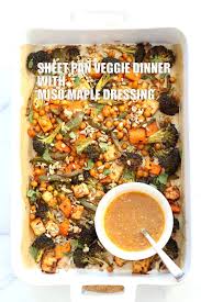 Sheet Pan Veggie Dinner With Broccoli Sweet Potato Tofu Chickpeas Miso Maple Dressing Vegan Richa Recipe Veggie Dinner Chickpea Veggies