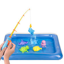 Choyur Fish Bath Toy Fishing Baby Bath Toys For Toddlers Magnetic Light Up Bath Toys Set Includes Fishing Rod Turtle Jellyfish 4 Unique Fish Mini Pump Blue Inflatable Pool Toys Games Bath Toys