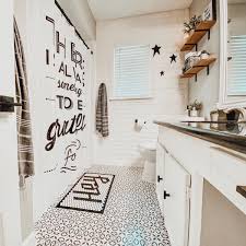 Black And White Modern Farmhouse Bathroom Black And White Modern Farmhouse Bathroom With Stenciled Tile In 2020 Kid Bathroom Decor Modern Farmhouse Bathroom Kids Bathroom Makeover