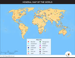 On the given outline map of the world, four features are marked. World Mineral Map