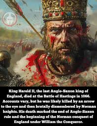 Duke William of Normandy, the Conqueror, stabs King Harold of England at  the Battle of Hastings as they fight