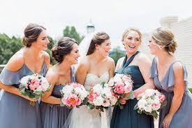 Low Loose Updos For Bridal Party In Slate Blue Bridesmaid Dresses Photography By Alisan Best Bridal Makeup Bridal Makeup Artist Slate Blue Bridesmaid Dresses