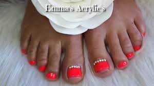 Acrylic Toe Nails Neon With Crystals Youtube This video might be a bit too graphic for some people, but is was made to help people who might be missing a toe nail for one reason or another.