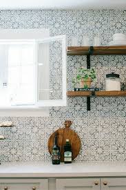 Gorgeous Patterned Tile Backsplash With Bracketed Wood Open Shelves And Marble Kitchen Co Farmhouse Kitchen Backsplash Patterned Tile Backsplash Kitchen Marble