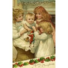 Christmas. 3 Girls With A Baby And A Harlequin Doll Print By Mary Evans  Picture Librarypeter & Dawn Cope Collection